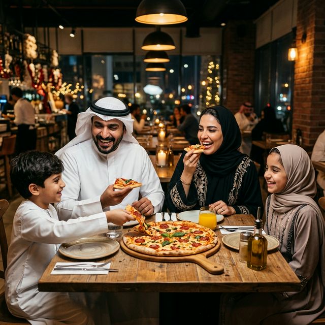 Family gathering enjoying pizza